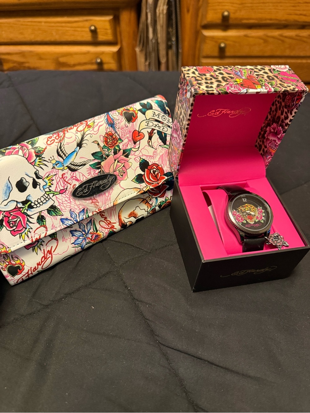 Ed Hardy Tattoo Art Trifold Wallet & Tiger Rose Watch Gift Set | New with Tags
